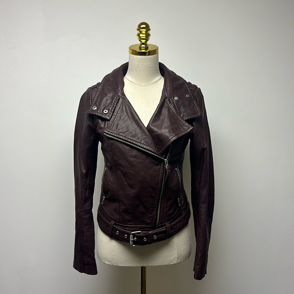 Mackage Merlot Lambskin Belted Leather Jacket